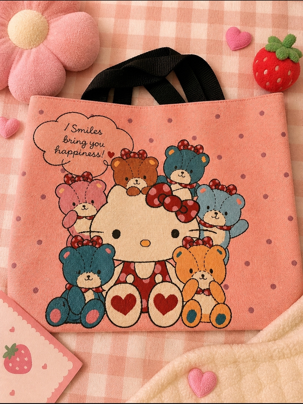 Pink Character Canvas Tote Bag with Heart Accents